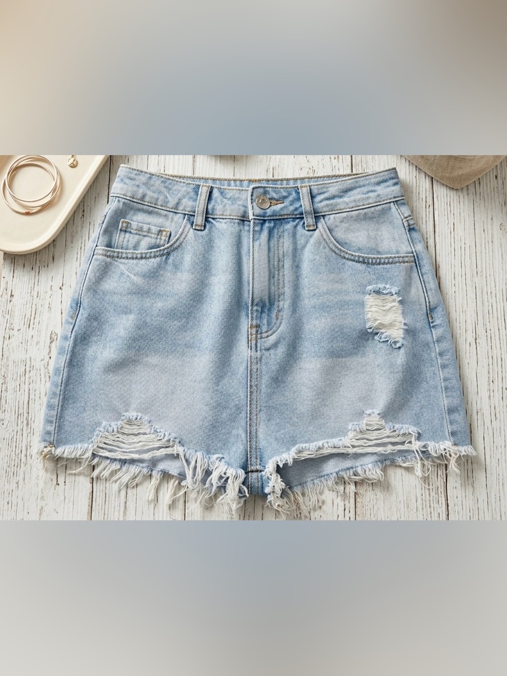 SHEIN Distressed Light Wash Denim Mini Skirt - Size Petite S